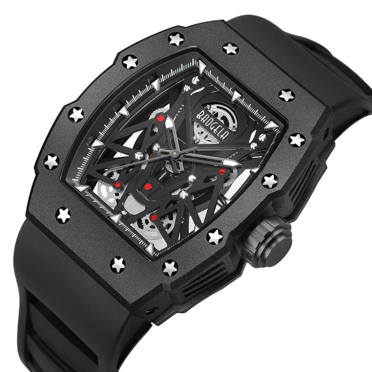 BAOGELA 224145 Barrel Skeleton Waterproof Sports Stainless Steel Silicone Men Watch(Black Shell Red Belt) - Silicone Strap Watches by BAOGELA | Online Shopping South Africa | PMC Jewellery