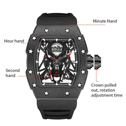 BAOGELA 224145 Barrel Skeleton Waterproof Sports Stainless Steel Silicone Men Watch(Black Shell Red Belt) - Silicone Strap Watches by BAOGELA | Online Shopping South Africa | PMC Jewellery