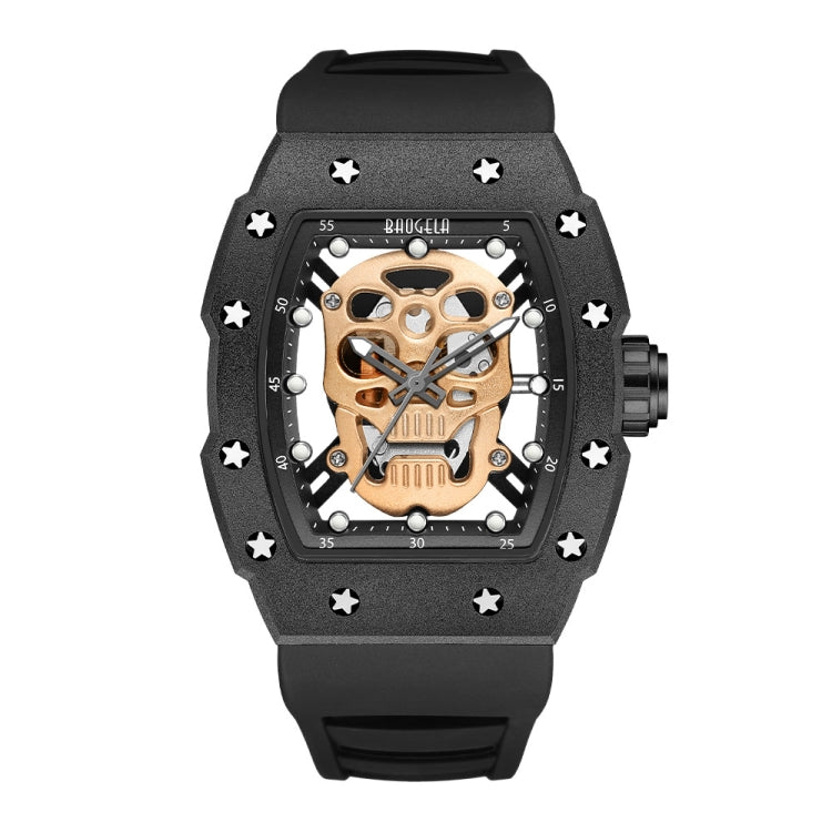 BAOGELA 224141 Hollow Skull Luminous Sports 304 Stainless Steel Silicone Men Watch(Black Shell Rose Face Black Belt) - Silicone Strap Watches by BAOGELA | Online Shopping South Africa | PMC Jewellery