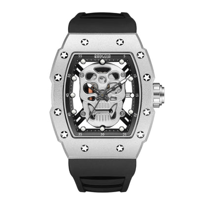 BAOGELA 224141 Hollow Skull Luminous Sports 304 Stainless Steel Silicone Men Watch(Steel Shell White Face Black Belt) - Silicone Strap Watches by BAOGELA | Online Shopping South Africa | PMC Jewellery
