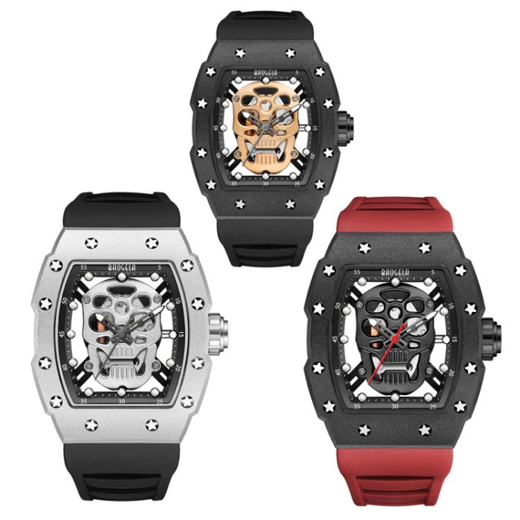 BAOGELA 224141 Hollow Skull Luminous Sports 304 Stainless Steel Silicone Men Watch(Steel Shell White Face Black Belt) - Silicone Strap Watches by BAOGELA | Online Shopping South Africa | PMC Jewellery