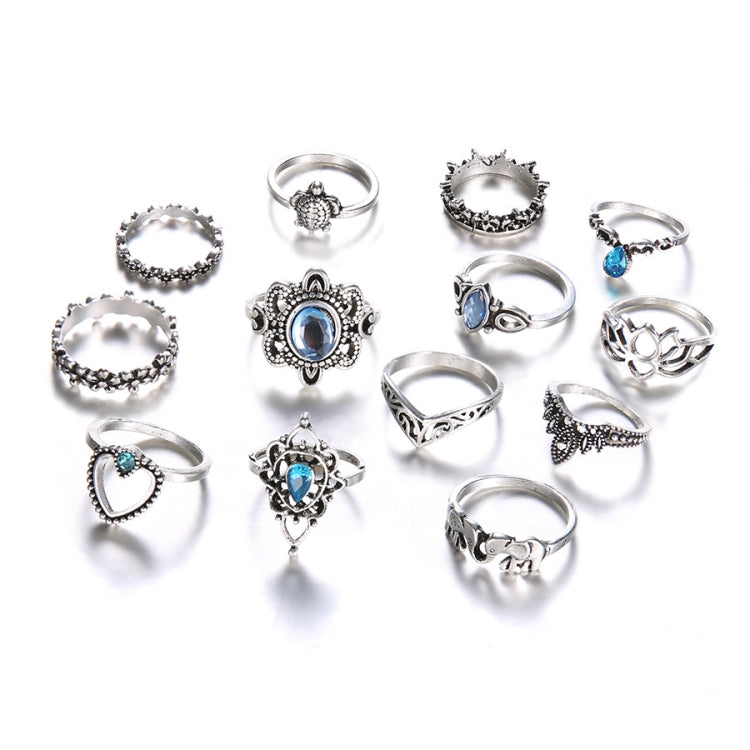 13pcs/set Vintage Diamond Engraved Crown Star Gemstone Ring(Silver SKU0737) - Rings by PMC Jewellery | Online Shopping South Africa | PMC Jewellery