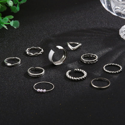 10pcs/set Multi-Metal Twisted Pearl Hollow Open Ring(SKU6234 Silver) - Rings by PMC Jewellery | Online Shopping South Africa | PMC Jewellery