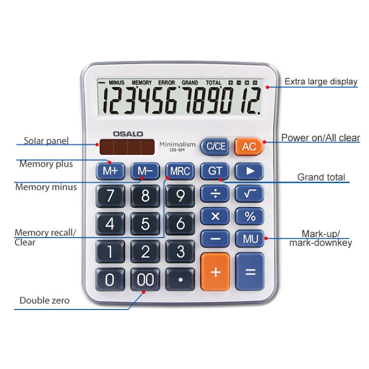 OSALO OS-6M 12-digit Office Desktop Calculator Solar Dual Power Calculator - free shipping - PMC TechLife - Order now!