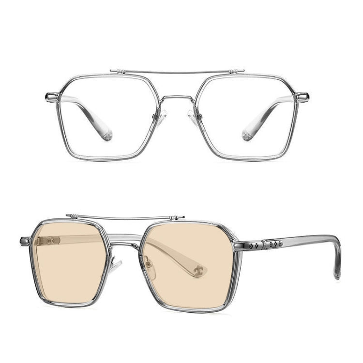 A5 Double Beam Polarized Color Changing Myopic Glasses, Lens: -50 Degrees Change Tea Color(Gray Silver Frame) - Plain Glass Spectacles by PMC Jewellery | Online Shopping South Africa | PMC Jewellery