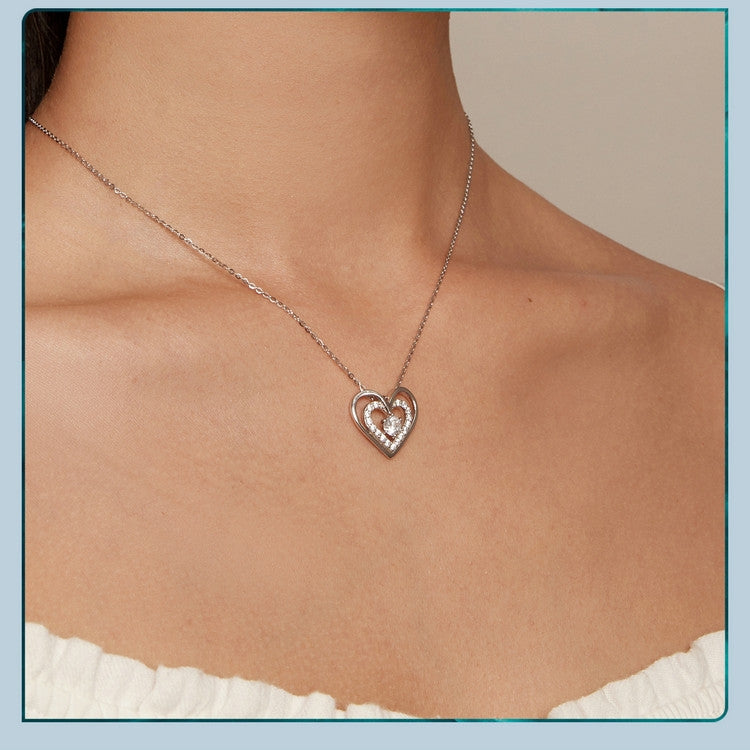 BSN342  925 Sterling Silver Plated Platinum Shining Love Double Ring Necklace - Necklaces & Pendants by PMC Jewellery | Online Shopping South Africa | PMC Jewellery