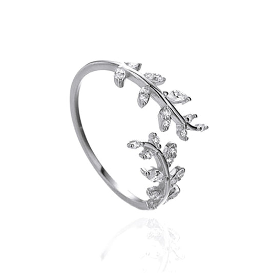 Willow Leaf Opening Sterling Silver Simple Zirconia Tree Branch Ring Bracelet(Silver) - Rings by PMC Jewellery | Online Shopping South Africa | PMC Jewellery