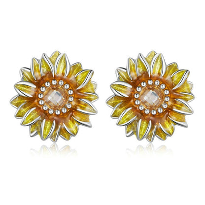 S925 Sterling Silver Plated Yellow Sunflower Stud Earrings - Stud Earrings & Earrings by PMC Jewellery | Online Shopping South Africa | PMC Jewellery