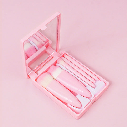 5pcs/Set Medium Portable Makeup Brush Set With Mirror Mini Multifunctional Makeup Brush(Pink) - Makeup Brushes by PMC Jewellery | Online Shopping South Africa | PMC Jewellery