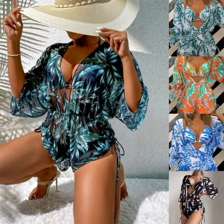 Leaf-print Waist Lace-up Three-Piece Bikini Set Long-sleeved Beach Sun Protection Swimsuit, Size: L(Blue) - Swimwear by PMC Jewellery | Online Shopping South Africa | PMC Jewellery