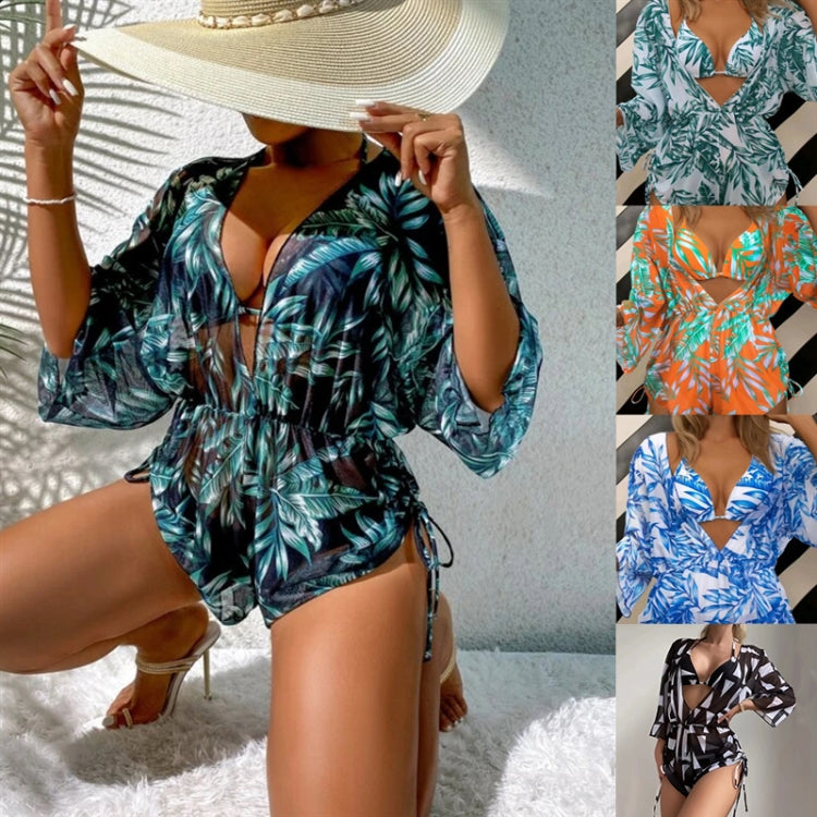 Leaf-print Waist Lace-up Three-Piece Bikini Set Long-sleeved Beach Sun Protection Swimsuit, Size: S(Black Leaf) - Swimwear by PMC Jewellery | Online Shopping South Africa | PMC Jewellery