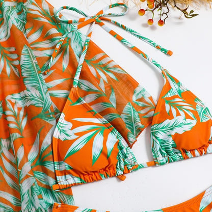 Leaf-print Waist Lace-up Three-Piece Bikini Set Long-sleeved Beach Sun Protection Swimsuit, Size: L(Light Leaf) - Swimwear by PMC Jewellery | Online Shopping South Africa | PMC Jewellery