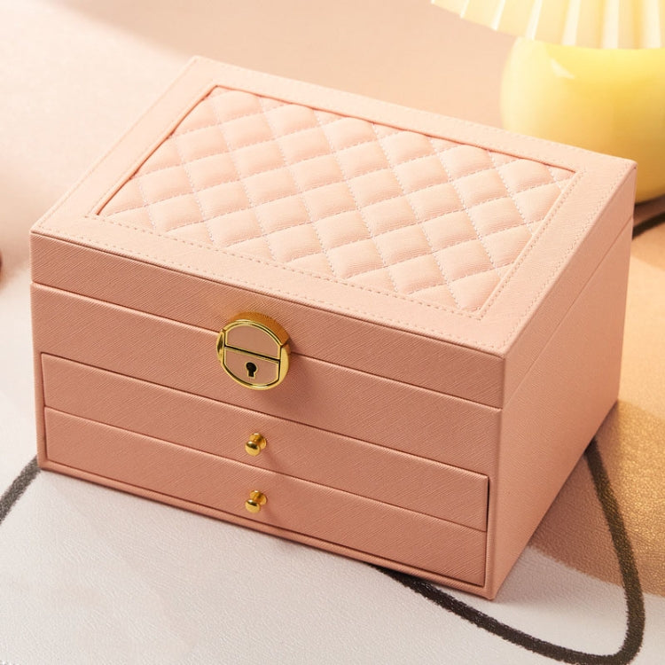 Diamond Pattern PU Leather Three-layer Drawer Jewelry Box Necklace Ring Jewelry Storage Box(Peach Pink) - Jewelry Storages by PMC Jewellery | Online Shopping South Africa | PMC Jewellery