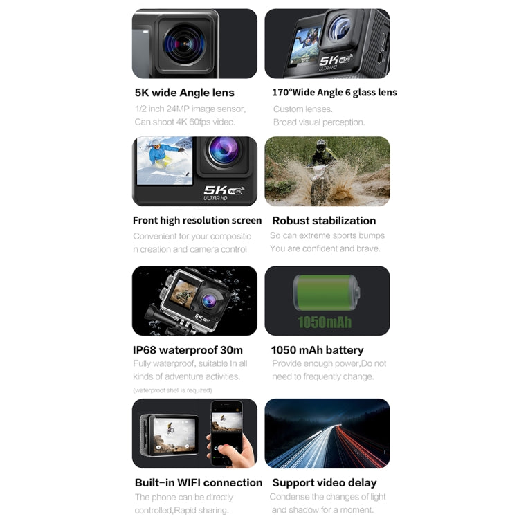 5K/30FPS WIFI HD Anti-Shake Remote Touch Dual-Screen IP68 Waterproof Sports Camera, Style: Camera + 64G Card - Other Camera by PMC TechLife | Online Shopping South Africa | PMC TechLife