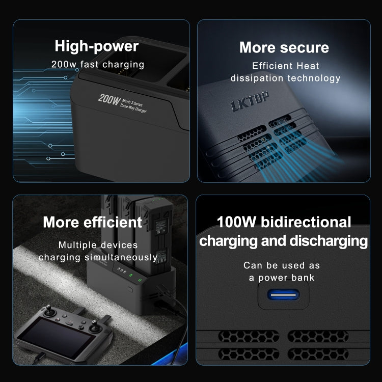 For DJI Mavic 3 Series LKTOP 200W 3-Channel Battery Charger EU Plug - free shipping - PMC TechLife - Order now!