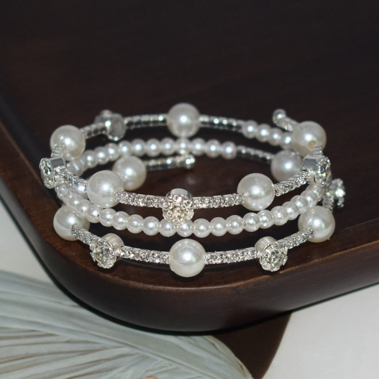 3 Row Silver Simple Rhinestone Pearl Wrapped Arm Bracelet Versatile Bracelet - Bracelets by PMC Jewellery | Online Shopping South Africa | PMC Jewellery