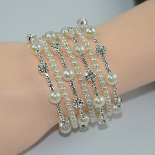 7 Row Silver Simple Rhinestone Pearl Wrapped Arm Bracelet Versatile Bracelet - Bracelets by PMC Jewellery | Online Shopping South Africa | PMC Jewellery