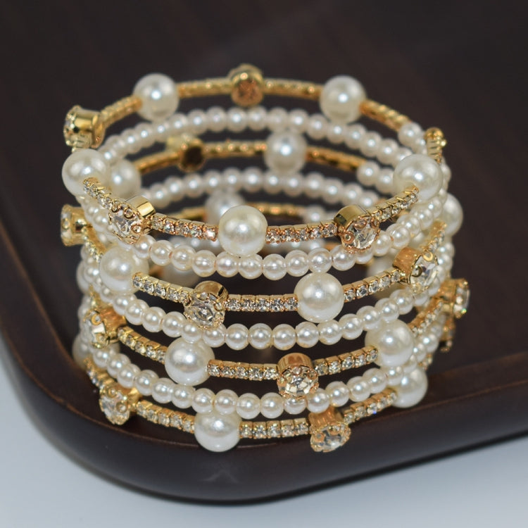 7 Row Gold Simple Rhinestone Pearl Wrapped Arm Bracelet Versatile Bracelet - Bracelets by PMC Jewellery | Online Shopping South Africa | PMC Jewellery