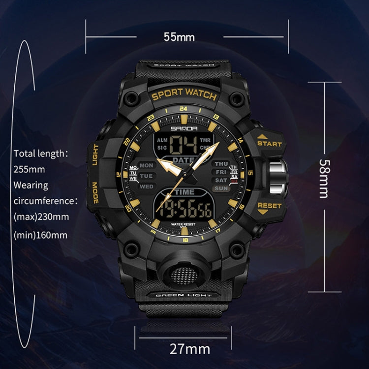 SANDA Green Light Alarm Clock Multifunctional Waterproof Shockproof Transparent Watch(Black Gold) - Silicone Strap Watches by SANDA | Online Shopping South Africa | PMC Jewellery