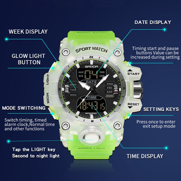 SANDA Green Light Alarm Clock Multifunctional Waterproof Shockproof Transparent Watch(Black Gold) - Silicone Strap Watches by SANDA | Online Shopping South Africa | PMC Jewellery