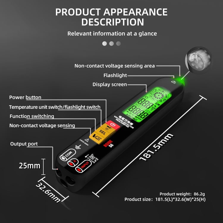 BSIDE S6 Smart Digital Multimeter Current Test Pen Capacitance Temperature Voltage Detector(Charging Model) - free shipping - PMC TechLife - Order now!