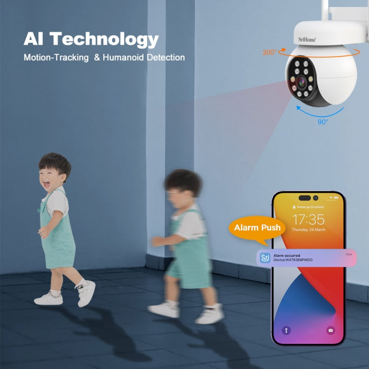 SriHome SH052 Wifi 5MP Wireless PTZ IP AI Auto Tracking Sound&Light Alarm Starlight Color Night Vision Outdoors Surveillance Camera, Plug: US - free shipping - PMC TechLife - Order now!