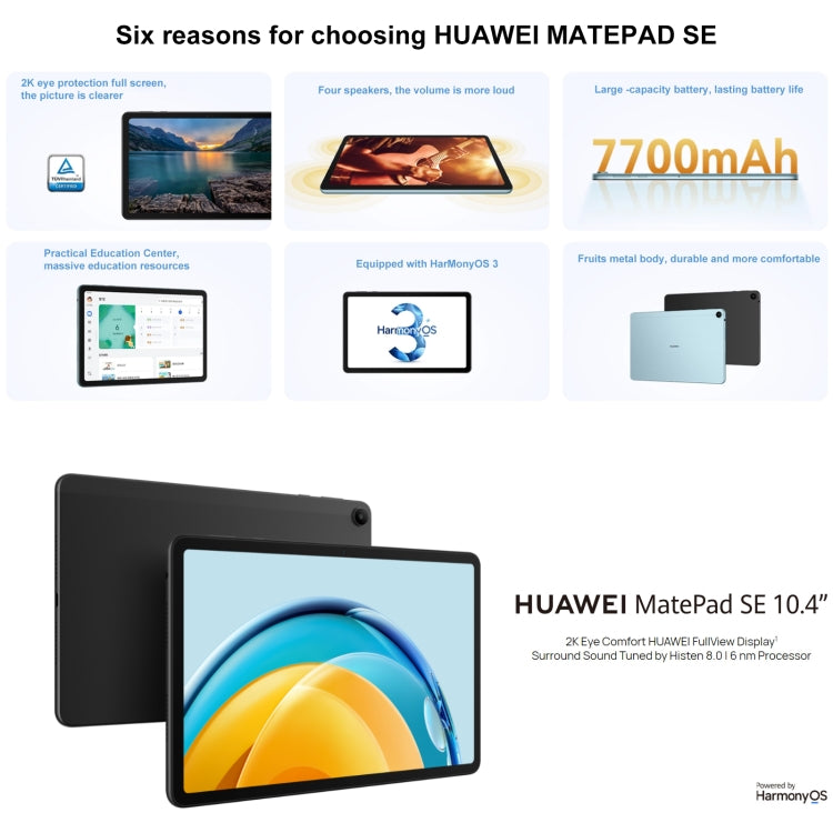 HUAWEI MatePad SE, 10.4 inch, 6GB+128GB, HarmonyOS 3 Qualcomm Snapdragon 680 Octa Core, Support Dual WiFi / BT, Network: 4G, Not Support Google Play(Black) - free shipping - PMC TechLife - Order now!