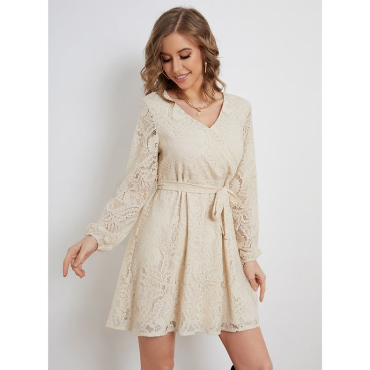 Lacing Lace Elegant Long Sleeve Dress For Ladies (Color:Apricot Size:S) - Dress by PMC Jewellery | Online Shopping South Africa | PMC Jewellery