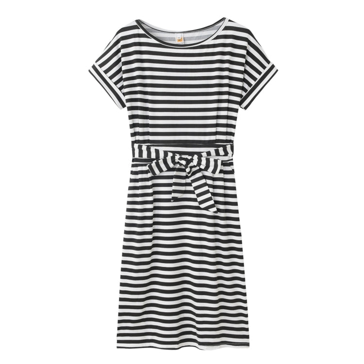 Slim-fit Waist Slimming Round Neck Striped Belt Dress (Color:Pinstripe Black Size:M) - Dress by PMC Jewellery | Online Shopping South Africa | PMC Jewellery